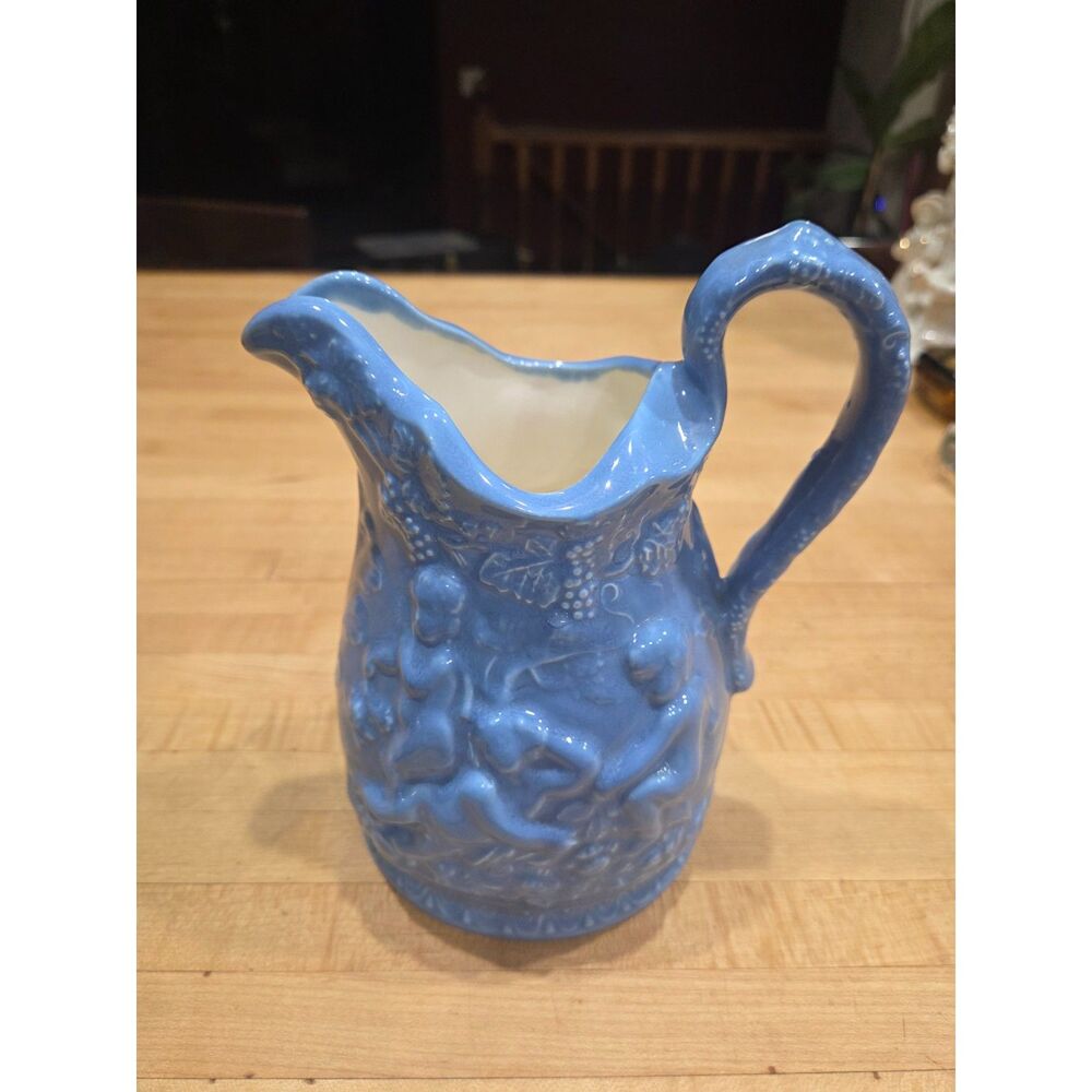 Vintage Blue Ceramic Pitcher Embossed Cherubs Grapevine Jug Handle 7.25 in